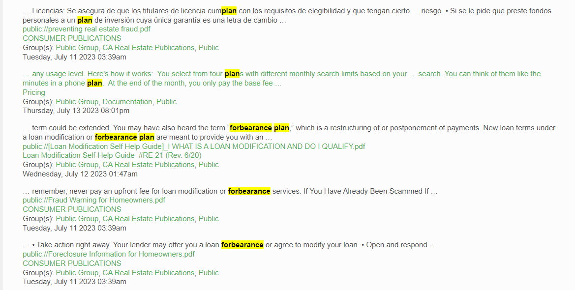 forbearance plan keyword search